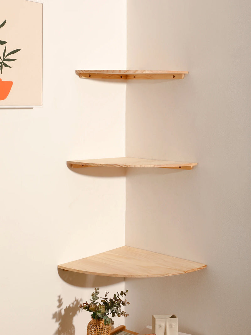 Étagère d'Angle Murale Quart de Rond en Bois, Petite, Moyenne ou Grande