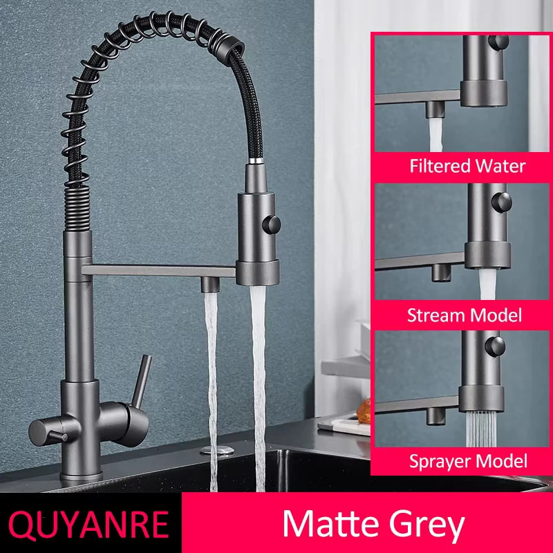 Mitigeur Cuisine 3 Voies à Ressort avec Douchette Extractible et Eau Filtrée
