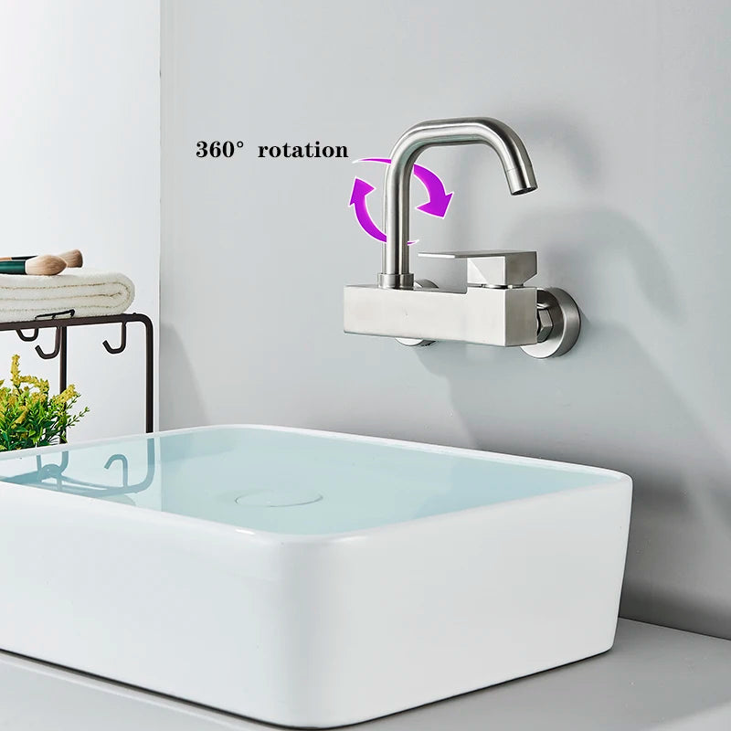 Robinet Mural Lavabo Nickel Brossé, Mitigeur Eau Chaude et Froide Bec Pivotant