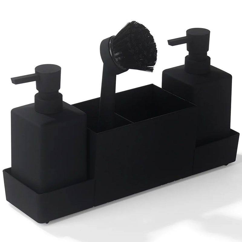 Distributeur de Savon Cuisine Double avec Plateau, Porte-Éponge et Brosse