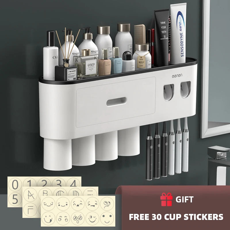 Porte-Brosse à Dents Magnétique avec Presse-Dentifrice et Étagère Murale