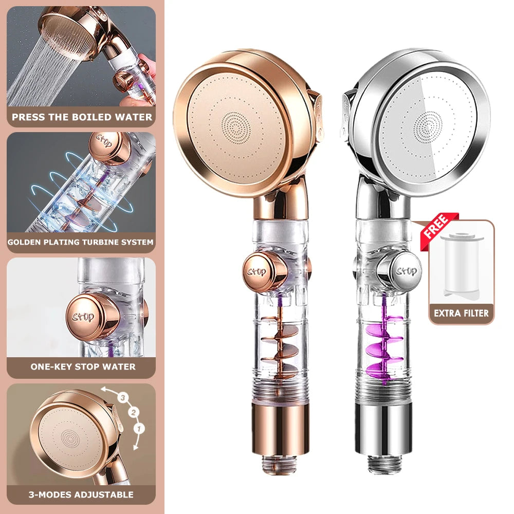 Pommeau de Douche Filtrant Haute Pression 3 Modes, Argent ou Or Rose