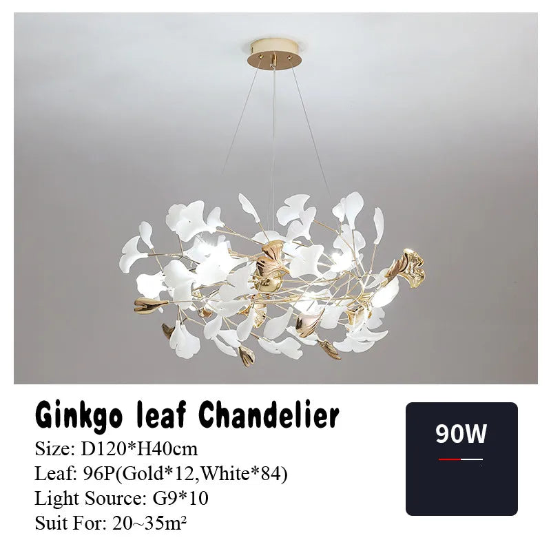 Suspension Cuisine Feuilles de Ginkgo Doré et Blanc, 60 à 150 cm