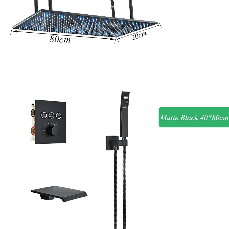 Douche Encastrable LED Plafond Cascade Noir Mat
