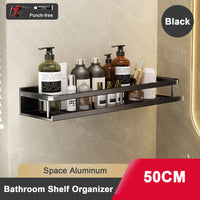 Étagère Salle de Bain Aluminium Sans Perçage Noir ou Gris avec Crochets, 30 à 50 cm