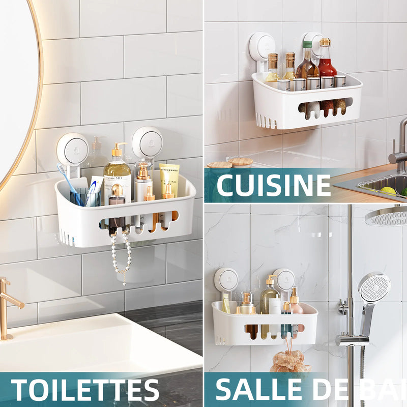 Étagère de Douche à Ventouses Sans Perçage, Panier Blanc 27 cm