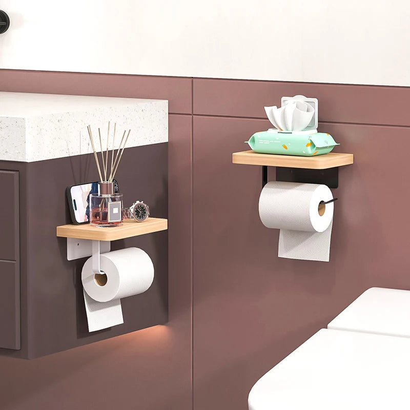 Porte-Papier Toilette Mural en Bois Sans Perçage