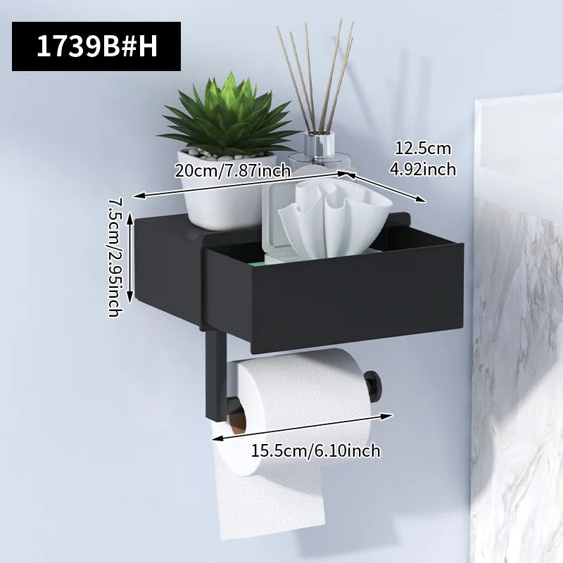 Porte-Papier Toilette avec Tiroir Lingettes et Étagère Sans Perçage Noir ou Blanc
