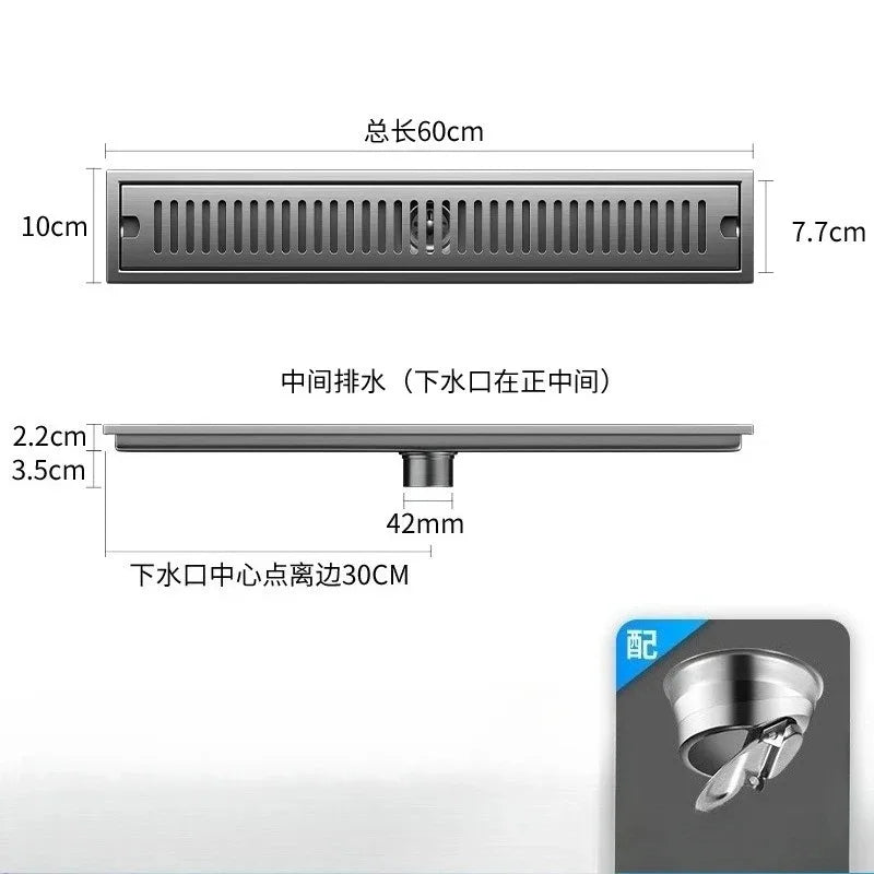 Caniveau de Douche Rectangulaire Inox 304 Anti-Odeur 10 x 60 cm