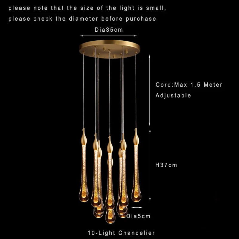 Suspension Cuisine Goutte d'Eau Cristal Doré LED, 1 à 10 Gouttes