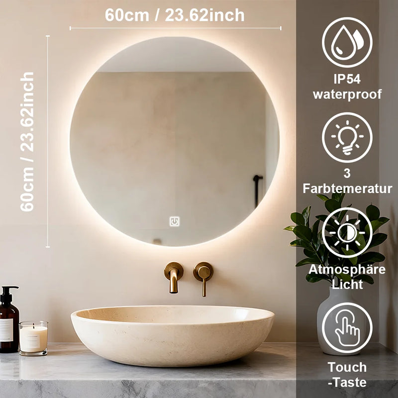 Miroir LED Salle de Bain Rond Tactile 3 Températures