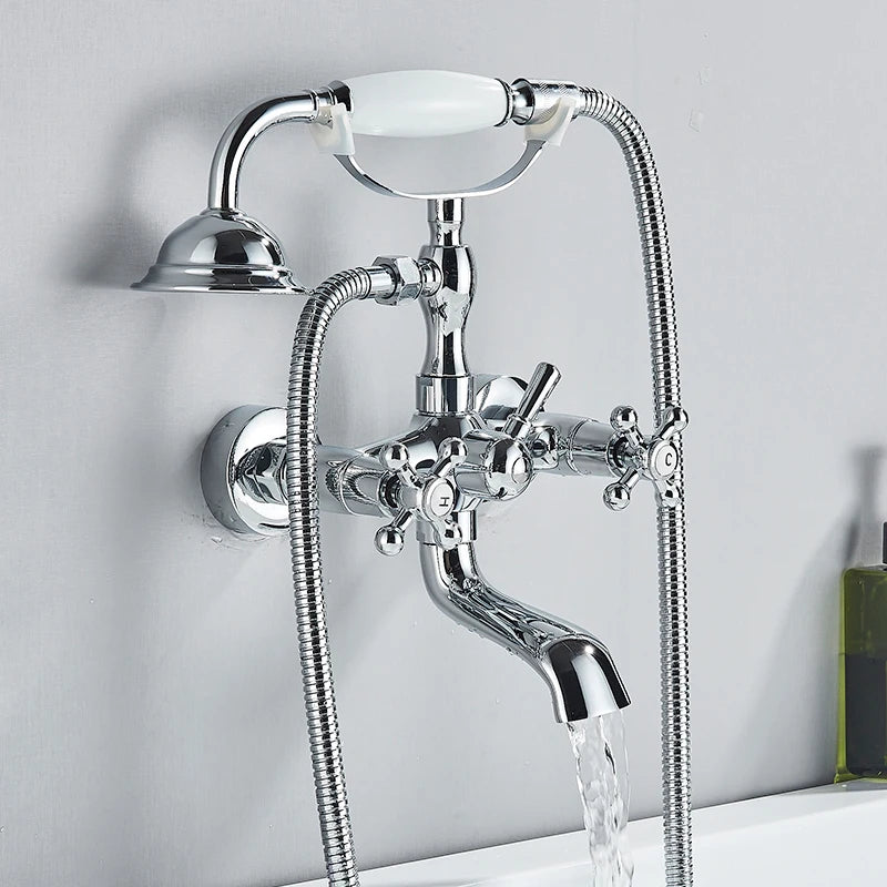 Robinet Baignoire Douche Rétro à Double Poignée, avec Douchette