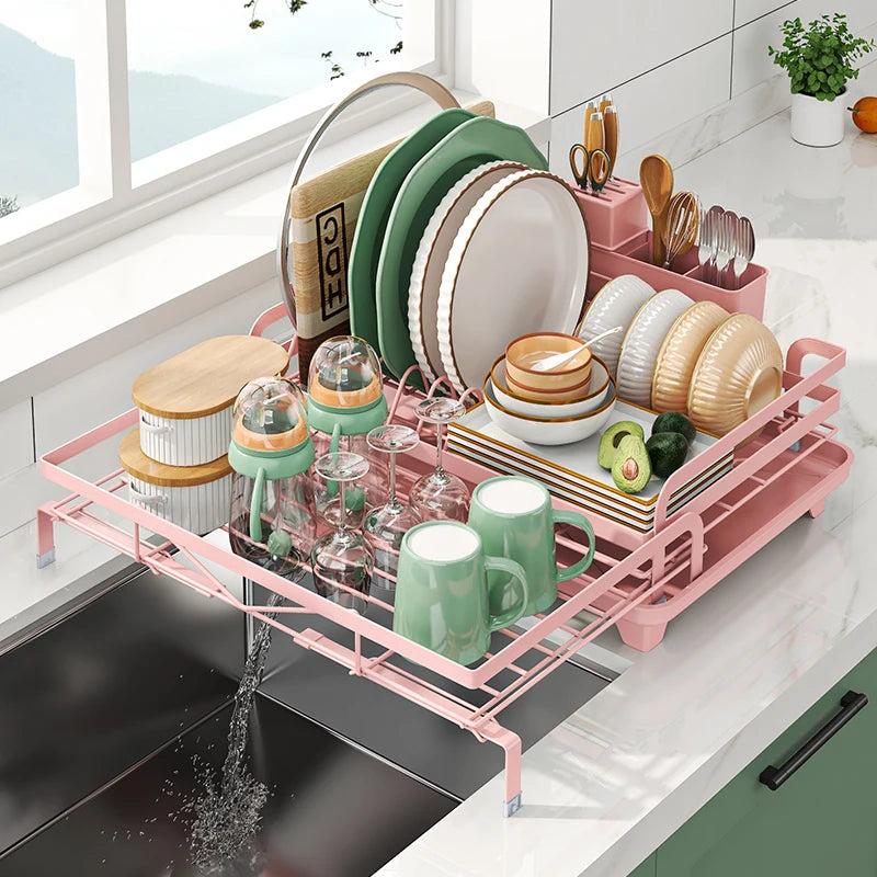 Égouttoir à Vaisselle Extensible 36 à 57,5 cm, Porte-Couverts, Bec Pivotant