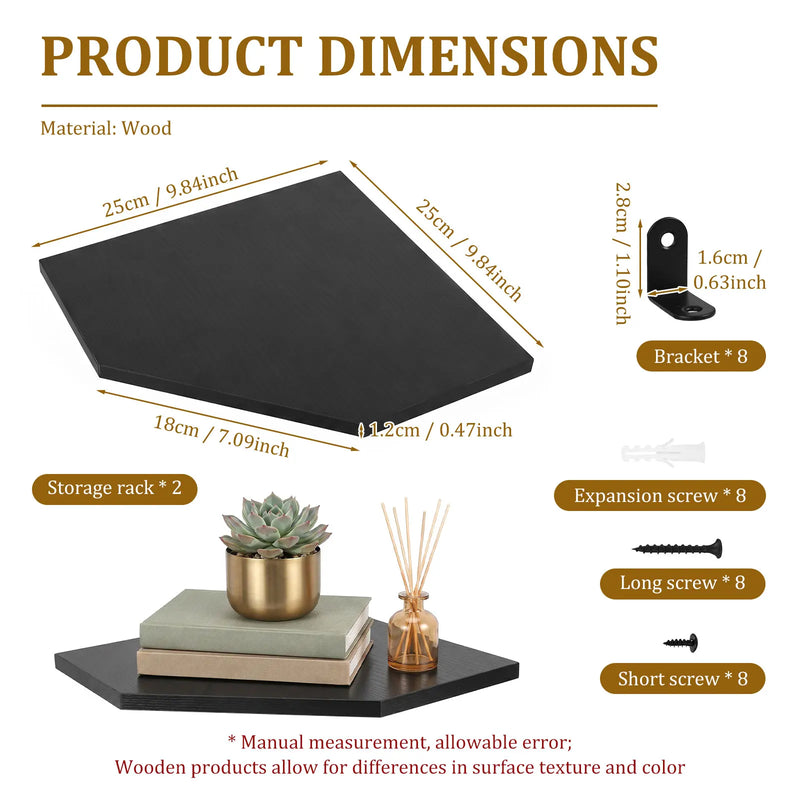 Lot de 2 Étagères d'Angle Murales en Bois, Blanc, Noir ou Marron, 25 cm