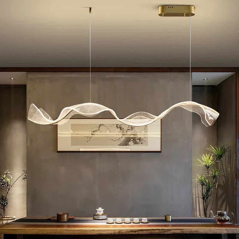 Suspension Cuisine Vague Acrylique Dorée LED, 100 ou 120 cm
