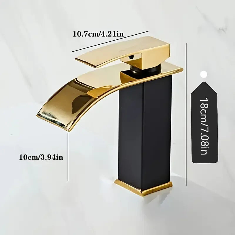 Mitigeur Lavabo Cascade Noir ou Blanc et Doré, Monotrou, Hauteur 18 cm