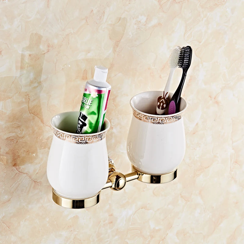 Accessoires Salle de Bain Doré à Cristal avec Gobelets Blancs, à la Pièce, 12 Articles