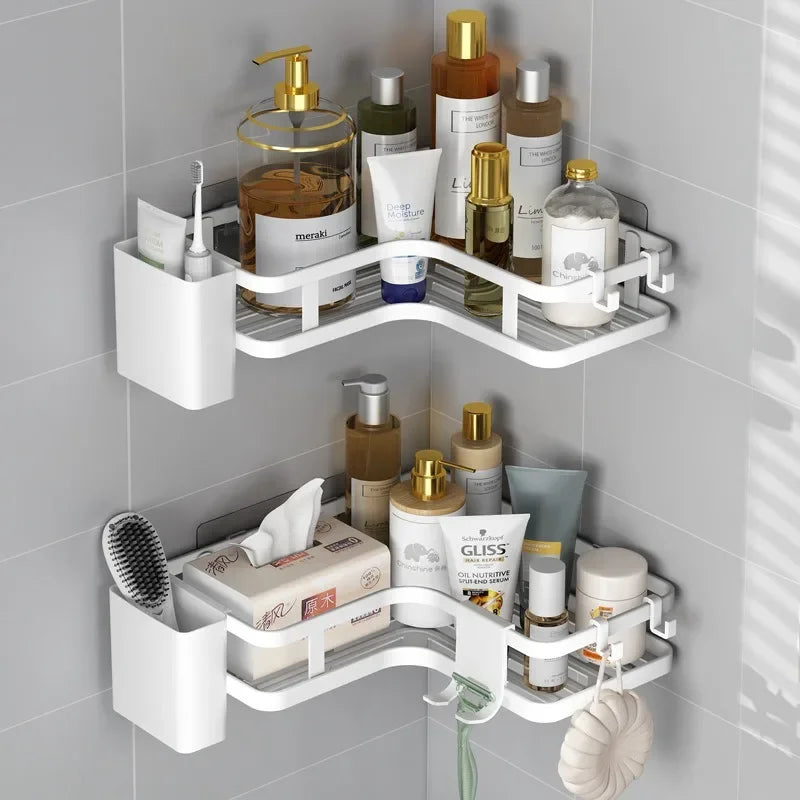Étagère de Douche d'Angle Sans Perçage Noir ou Blanc, 2 Étagères et Accessoires