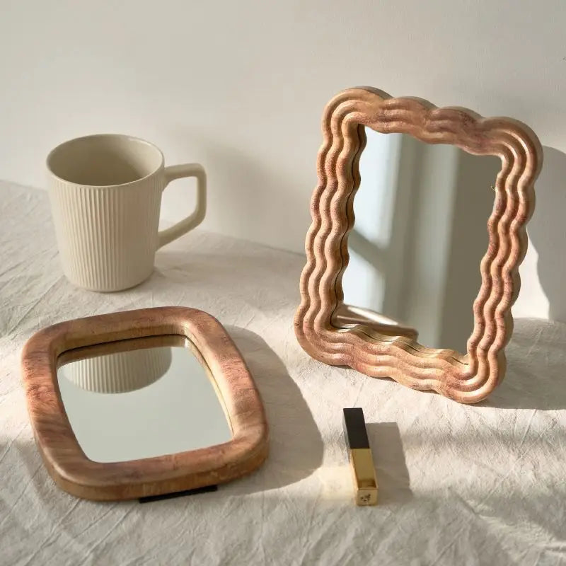Miroir de Table en Bois à Poser, Cadre Ondulé ou Arrondi