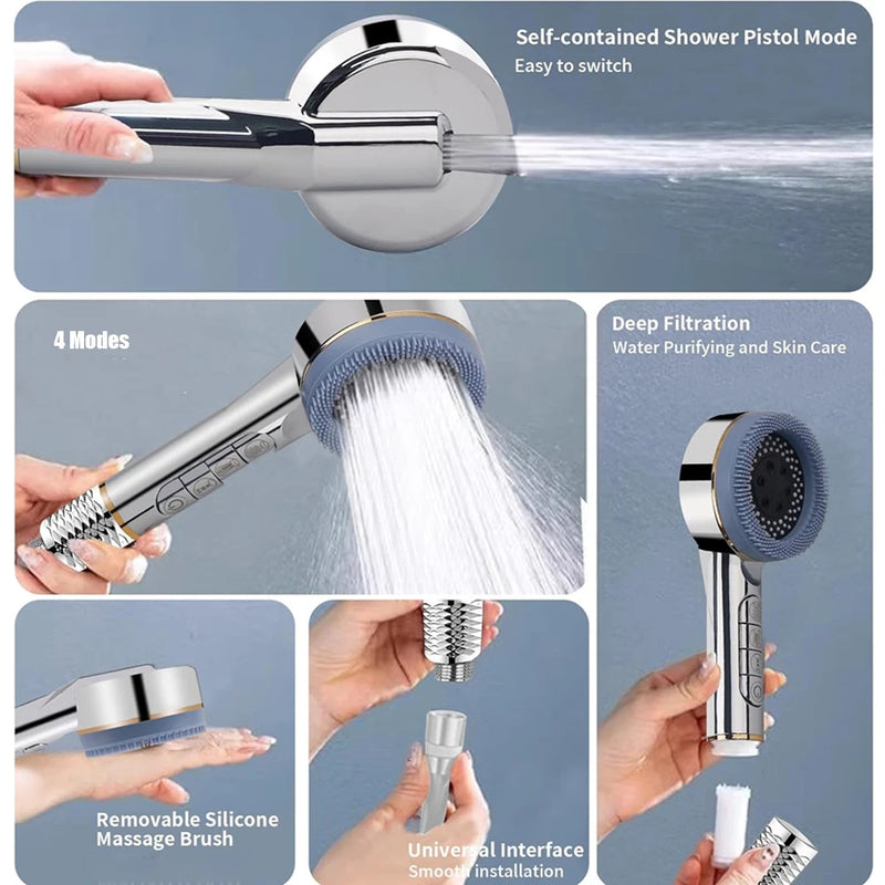 Pommeau de Douche à Boutons, Brosse Silicone Amovible, Accessoires à la Pièce