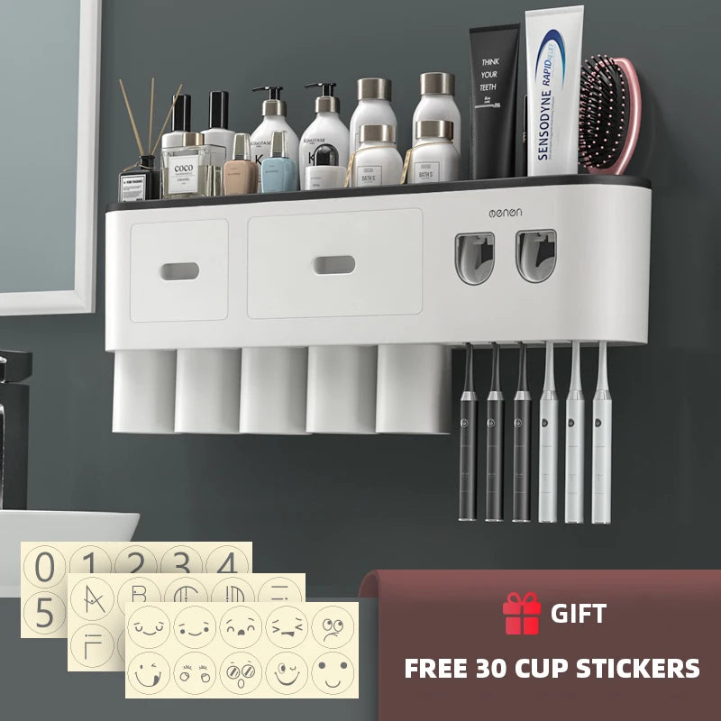Porte-Brosse à Dents Mural Magnétique, Distributeur de Dentifrice, 1 à 5 Gobelets