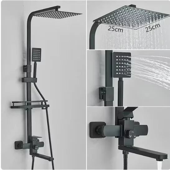 Colonne de Douche Laiton Pommeau Carré 25 cm, Bec 25 cm et Étagère