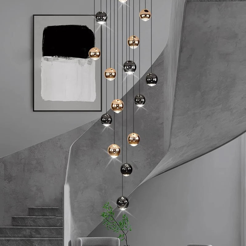 Suspension Cuisine LED à Boules Noires et Dorées, 9 à 60 Lampes
