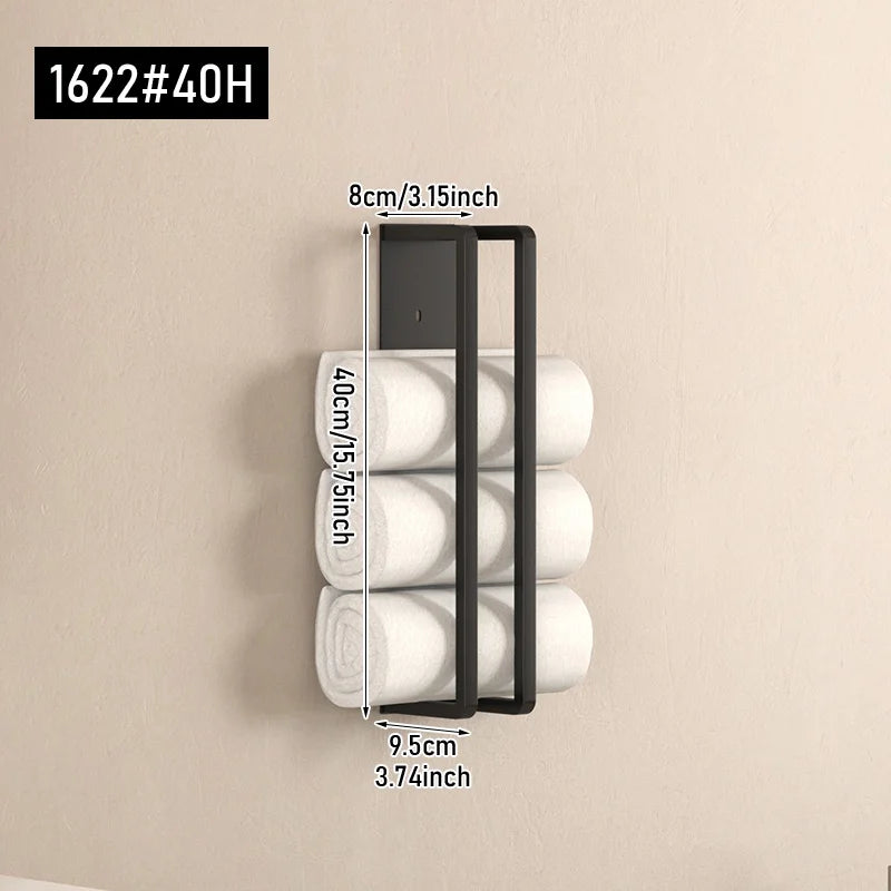 Porte-Serviette Mural Noir Sans Perçage pour Serviettes Roulées, 40 ou 50 cm