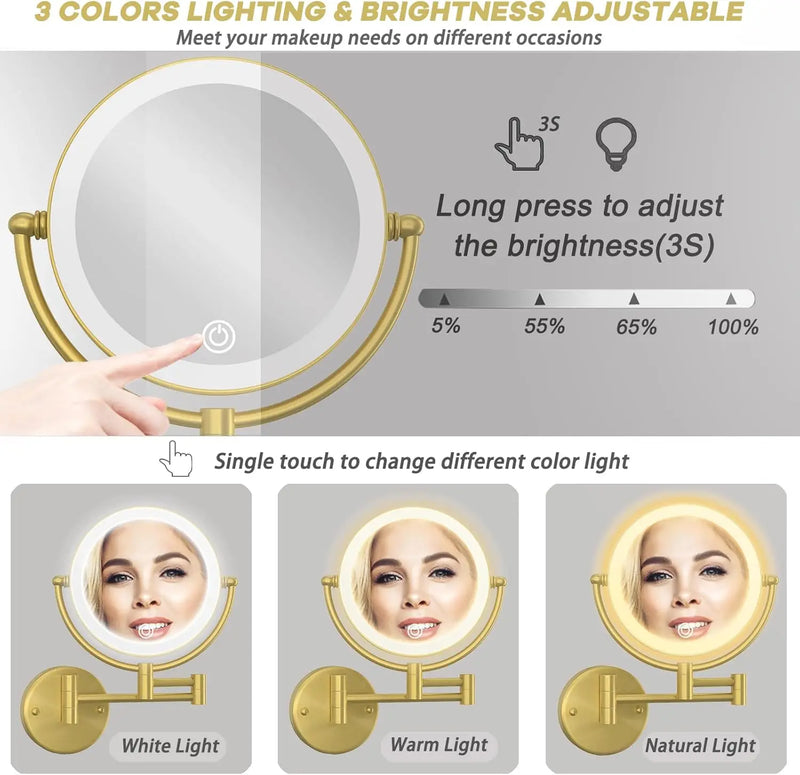 Miroir Grossissant LED Tactile Rechargeable Mural Double Bras 5X 10X
