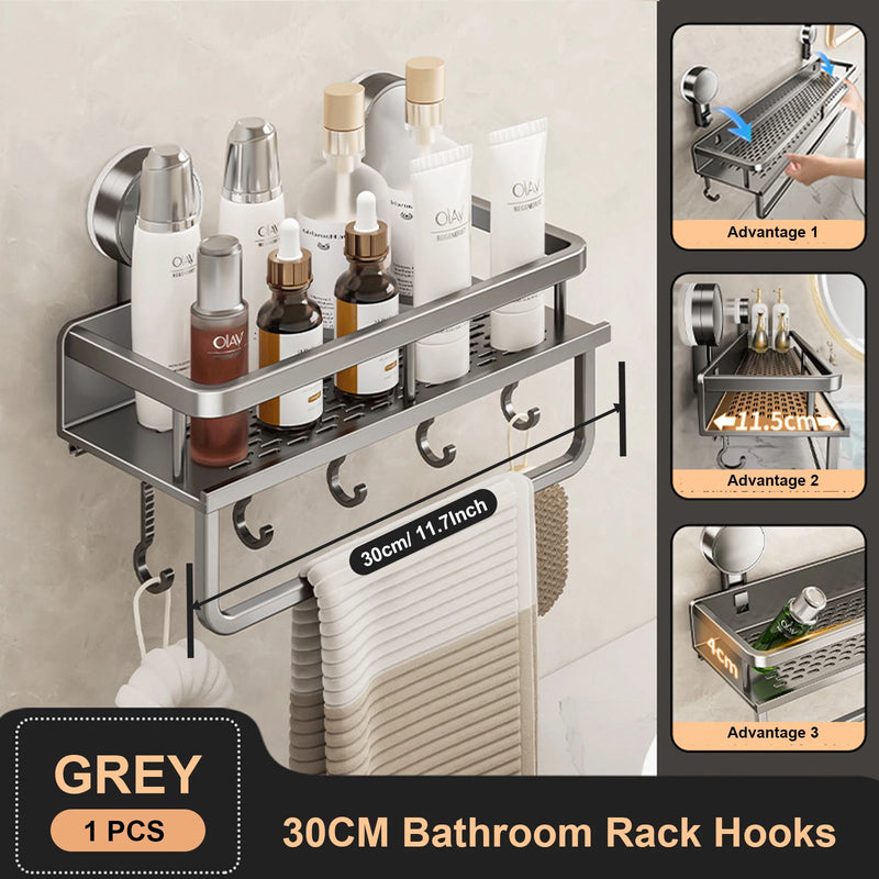 Étagère Salle de Bain à Ventouse Aluminium Gris, 30 à 50 cm