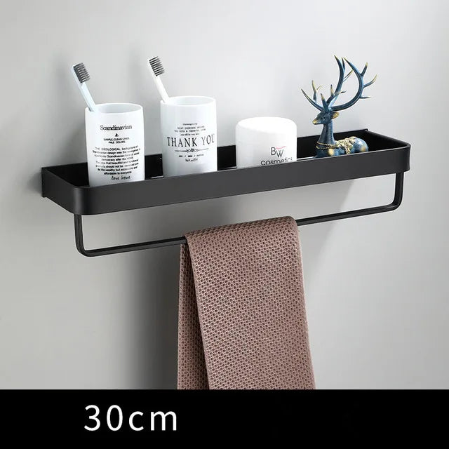 Étagère de Salle de Bain d'Angle Noire avec Barre à Crochets