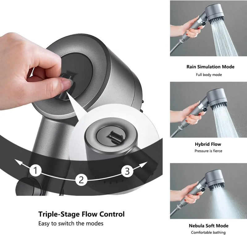 Kit Pommeau de Douche Gris 3 Modes, 12 Filtres et 2 Supports