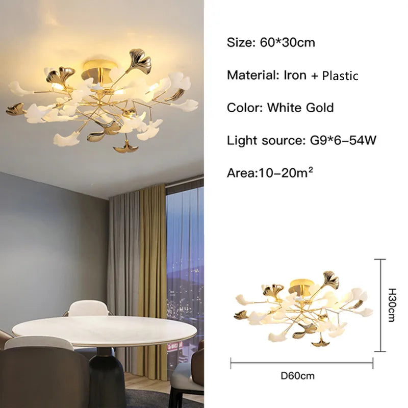 Suspension Cuisine Feuilles de Ginkgo Doré et Blanc, 60 à 150 cm