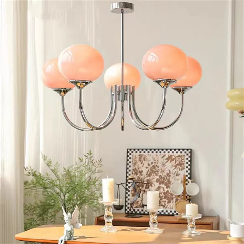 Suspension Cuisine Lustre Verre Rose, 3 ou 5 Têtes, Doré ou Chromé