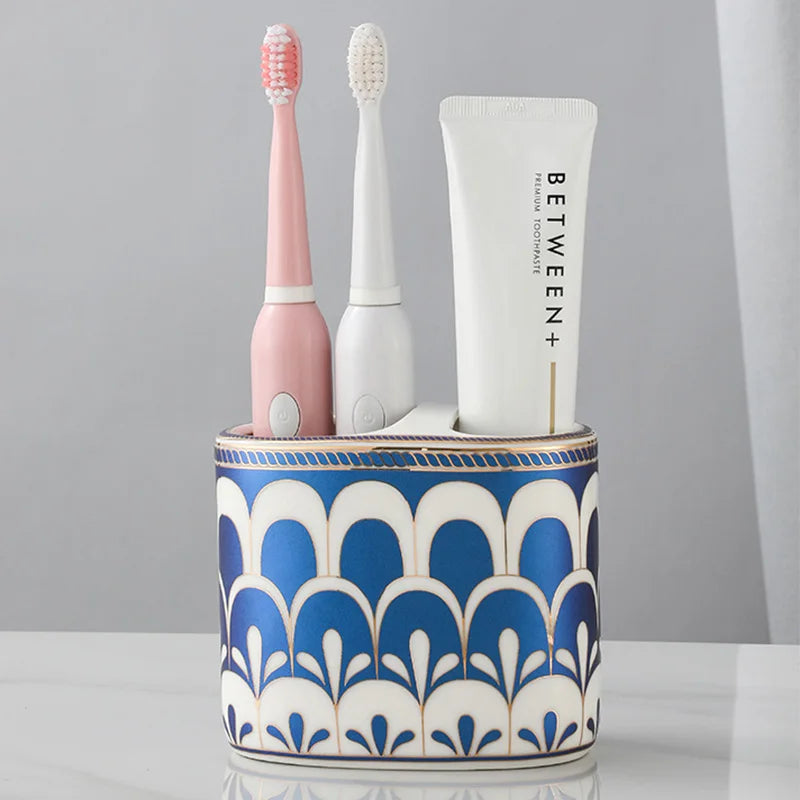 Porte-Brosse à Dents et Dentifrice Céramique Ovale, 4 Décors, 11 cm